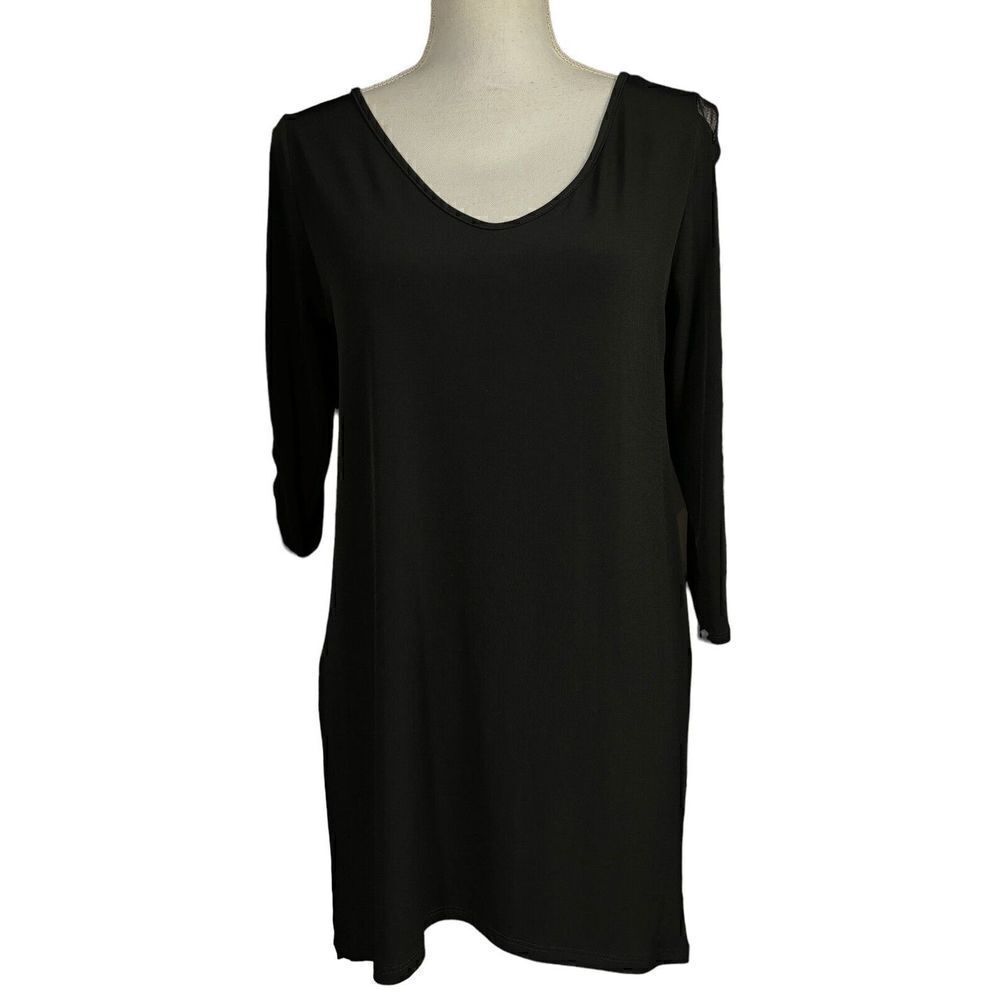 Clara Sun Woo Tunic Size XS Black V Neck Sheer Mesh Ruched Sleeve Long Lagenlook